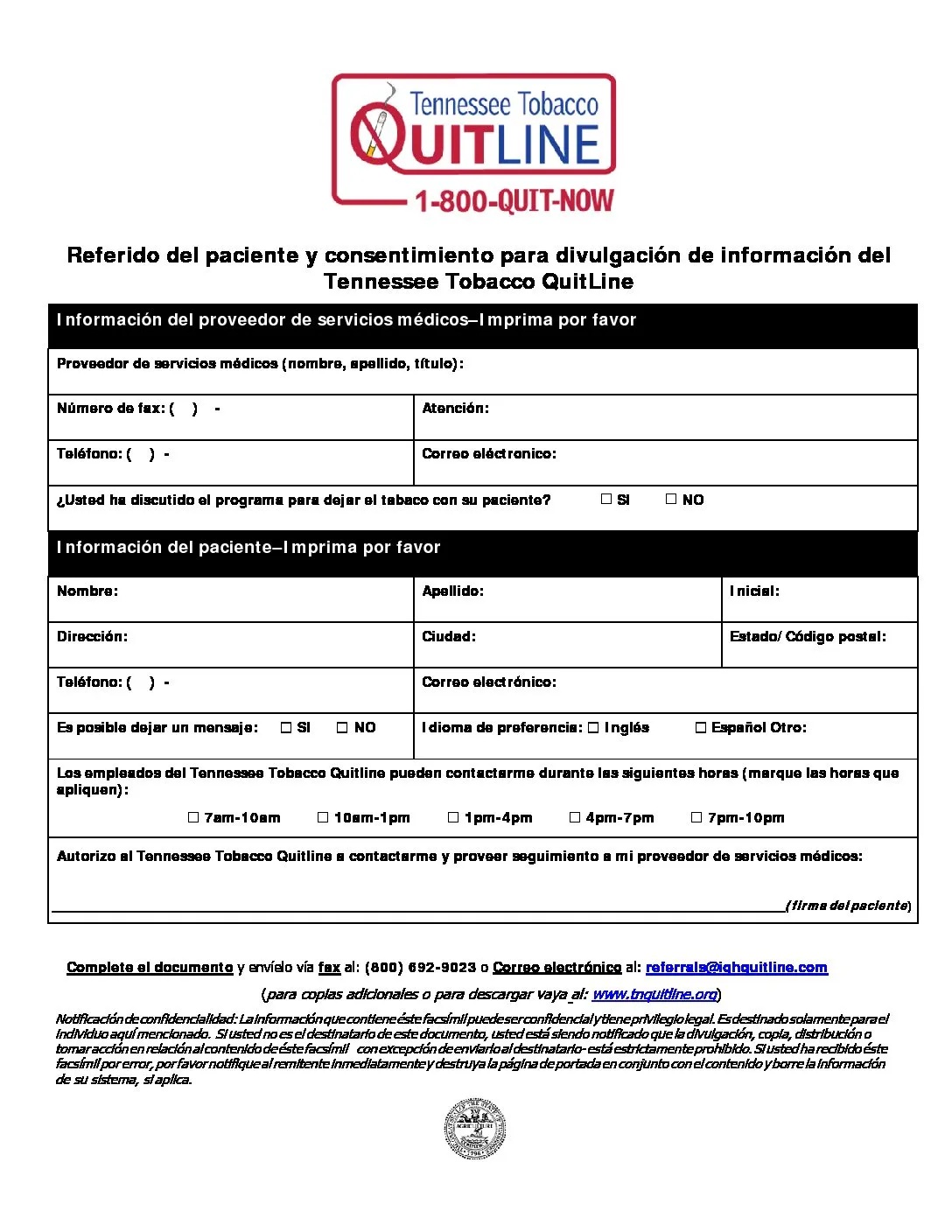 Form for Tennessee Tobacco QuitLine referral, in Spanish. Includes fields for healthcare provider and patient information. Contact consent options.