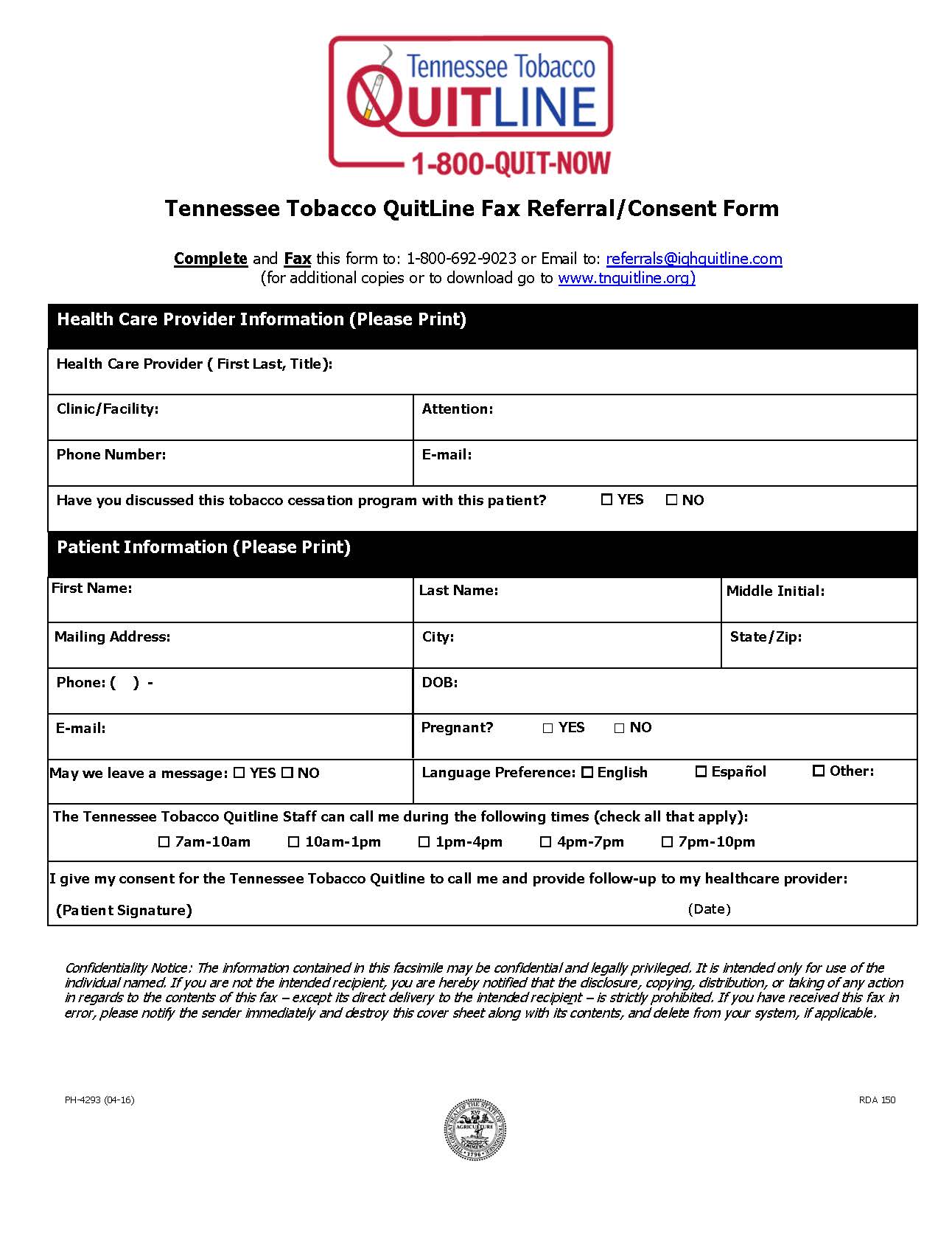 Form for Tennessee Tobacco QuitLine referral. Includes fields for healthcare and patient information, consent for follow-up, and contact preferences.