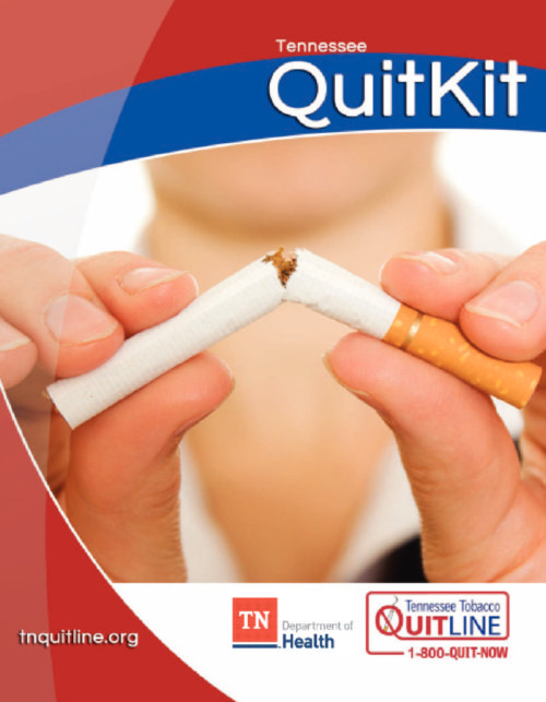Close-up of hands breaking a cigarette against a blurred background. Text reads Tennessee QuitKit with TN Department of Health and Quitline info.