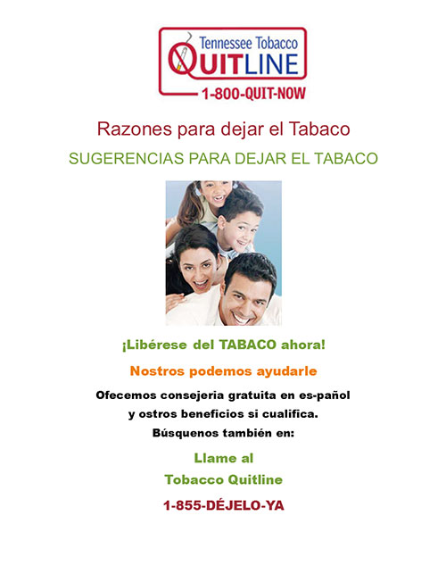 A flyer promoting the Tennessee Tobacco Quitline. It features smiling adults and text in Spanish encouraging quitting tobacco with free counseling offered. Contact details are provided.