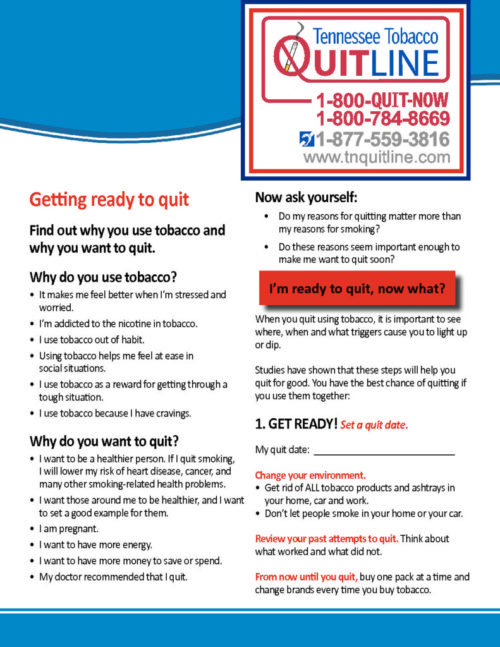 Tennessee Tobacco Quitline informational flyer with contact numbers and website. Sections include reasons for and against using tobacco, questions for self-reflection, and steps to quit. Emphasizes setting a quit date and changing the environment for success.
