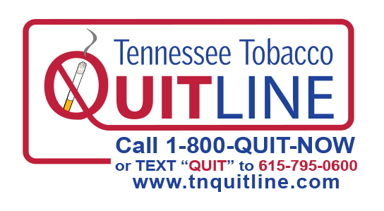 Image of a Tennessee Tobacco QuitLine ad with a no-smoking symbol. It provides contact info: 'Call 1-800-QUIT-NOW or text 'QUIT' to 615-795-0600.'